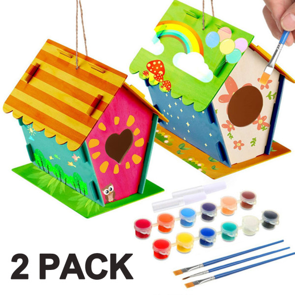 Hantverk för barn i åldrarna 4-8 - Pack DIY Bird House Kit - Bygg och måla fågelhus (inkluderar färger och penslar) Träkonst för flickor Pojkar Småbarn åldrar