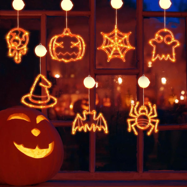 7 st Halloween fönsterdekorationer Ljus Fönster Halloween Ljus Pumpa Häxhatt Fladdermus Halloween Fönster Silhouette Light