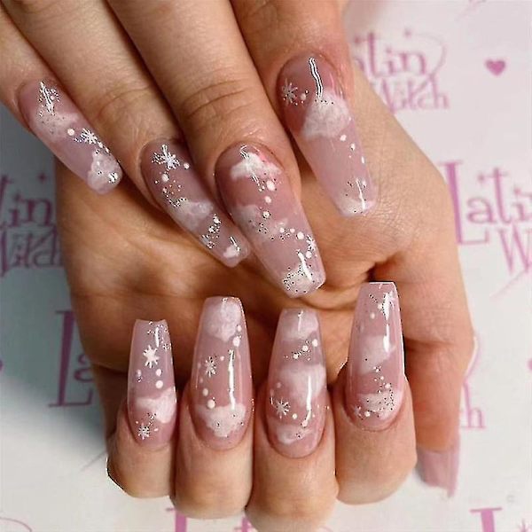 False Nails Rosa Lång Snö Glitter Press On Nails Stick On Nails