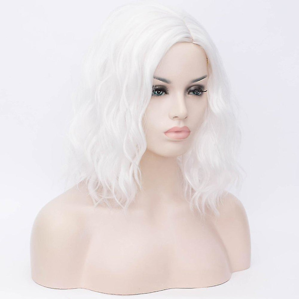 Kort Curly Bob Wavy Cruellas Peruker För Kvinnor Cosplay Kostym Halloween Svartvit Peruk För Dam