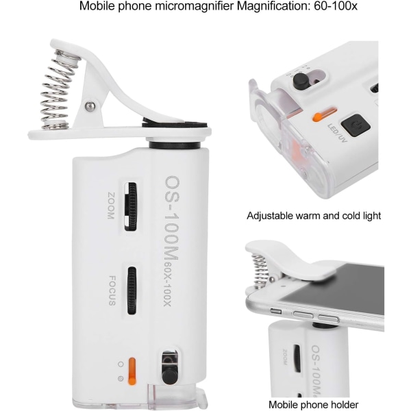 Smartphone Mikroskop Justerbart FL Digitalt Mikroskop med UV LE