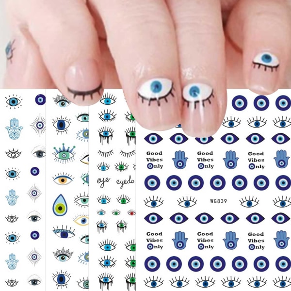Evil Eye Nail Art Stickers Dekaler 4 ark självhäftande Turkish Blue Eye Hand Eye of Fatima Cartoon Design Manikyrtips Nageldekoration Sunmostar