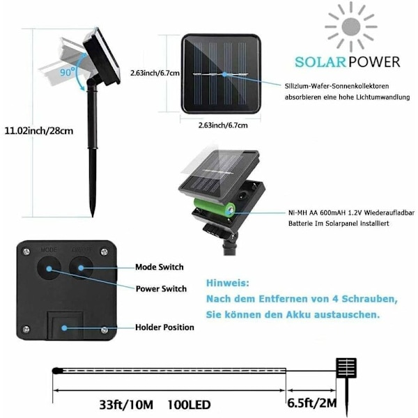 Aurinkokennovalot ulkokäyttöön, 12M 100 LED Aurinkokennovalot, Vatten