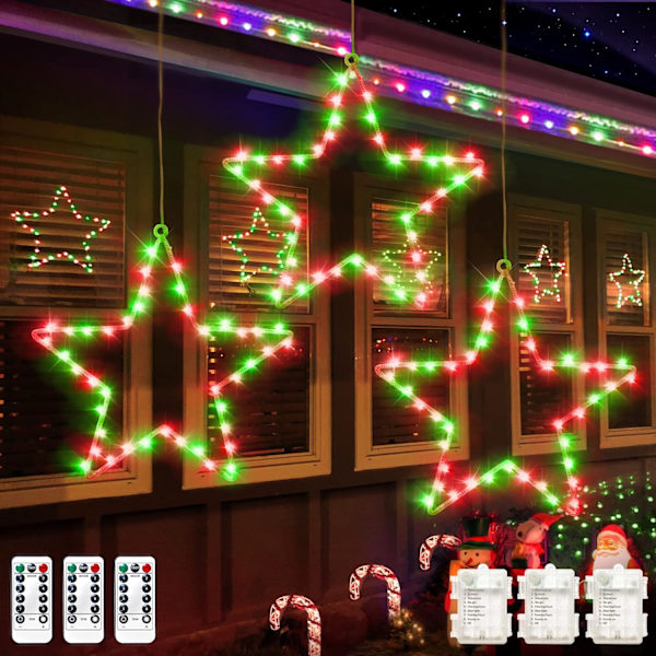 Julevindusilluminasjon 3-pak batteri-drevet LED-stjernelys 8 moduser Timer