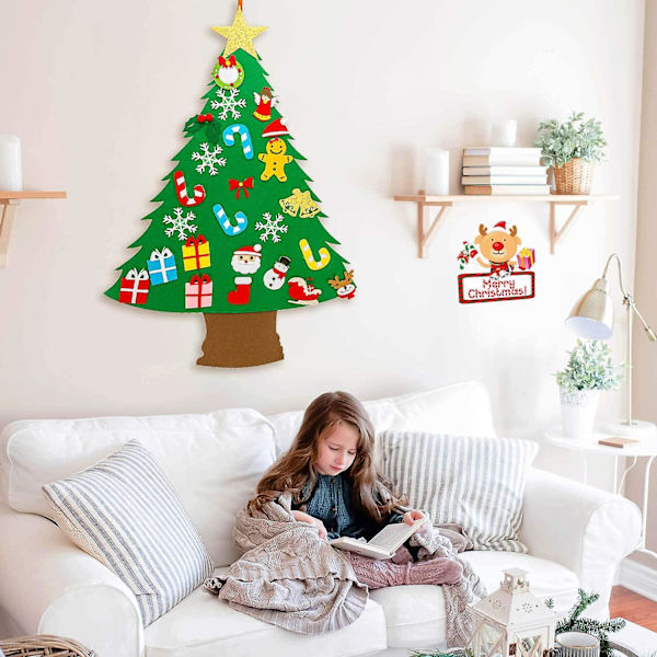 Filt julgran, DIY julgran med 25st prydnadsföremål, juldekorationer Dörr Vägghängande prydnader för barn Julklappar Festtillbehör