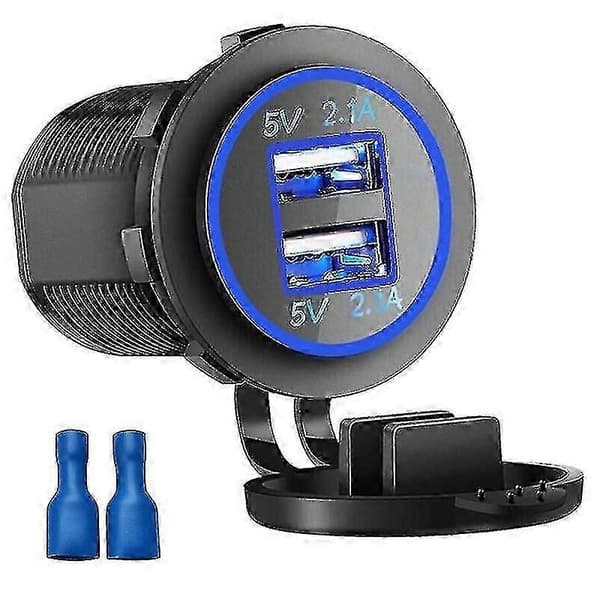 Cigarettænderstik, 12V strømudtag til bil, marine, motorcykel, ATV (2-USB blå)