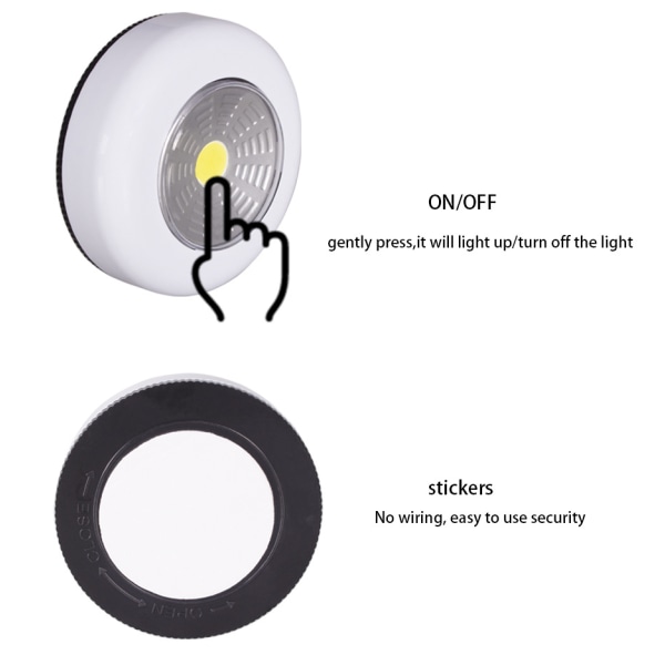 Selvklebende rund COB LED-spotlight, ingen batterier, hvit pakke med 10 stk