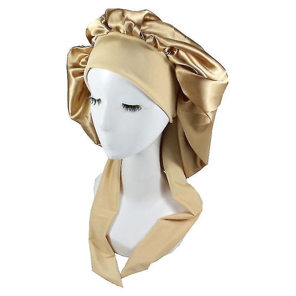 Silke Bonnet Satin Bonnet Til Søvn Bonnet Med Bånd Nat Hætte gold