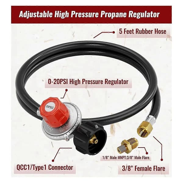 1,5 m högtryckspropanregulatorslang, 0-20PSI justerbar propanbehållarregulator, QCC1 & 3/8 tum hona, passar för kalkon