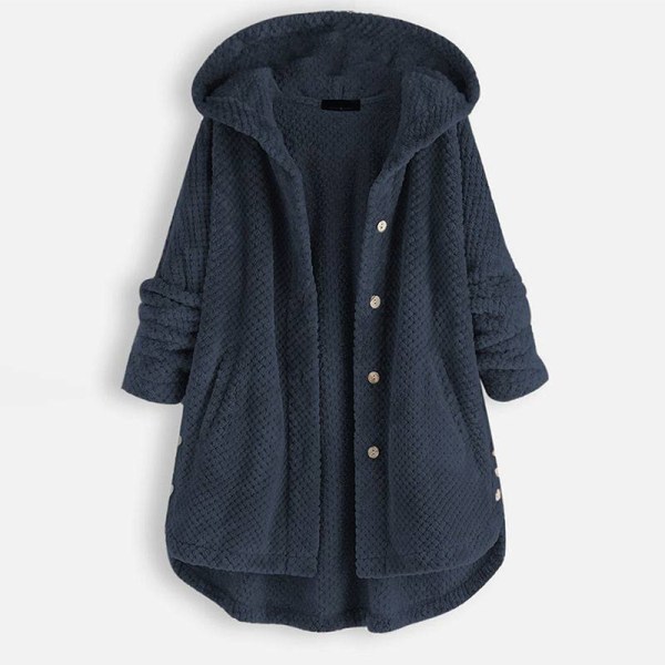Dame Dobbelt Varm Hætte Frakke Lang Pels Cardigan Overtøj Jakke Navy Blue 6XL