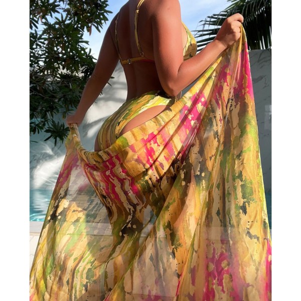 Baddräkt sommar med print för kvinnor 3 delar delade badkläder med strandkjol Dam högskurna bikini baddräkt Strandkläder L