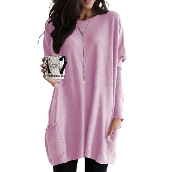 Kvinder Almindelig Langærmet Oversize T-shirtkjole med Rund Hals, Baggy Tunika Lange Toppe Plus Size Pink XL