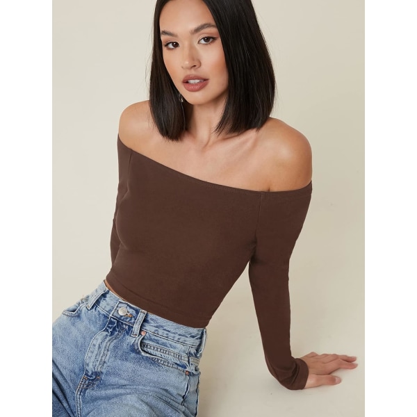 Basic långärmad, off Shoulder-monterad Crop Tee Top för kvinnor