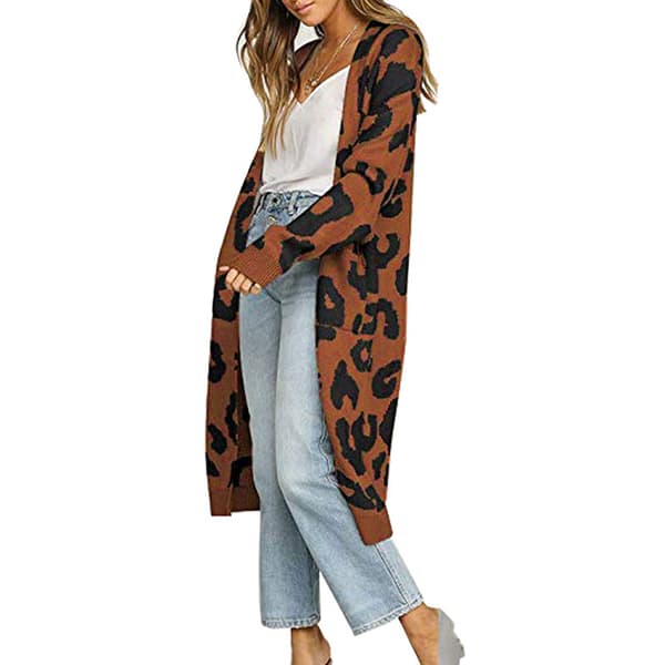 Dame flaggermusermet Åpen Front Leopard Strikket Maxi Cardigan Genser Coffee L