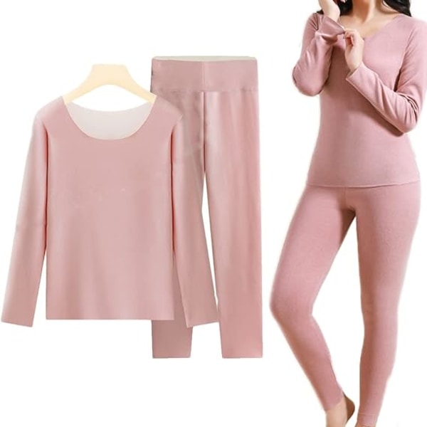 Thermal för kvinnor, rundhalsad fleecefodrade toppar Varma långa jackor med hög midja, baslager för damer Vinterkläder Soft Lounge Wear Pink XL