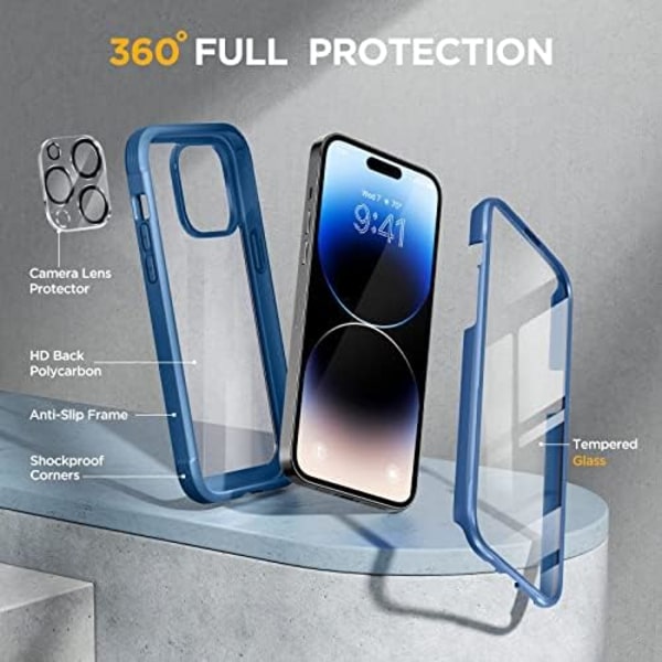 Miracase Glass Series Designad för iPhone 14 Pro Max Case 6,7 tum, [2023 Upgrade] Bumper Case med inbyggd 9H härdat glas Scr Capri Blue