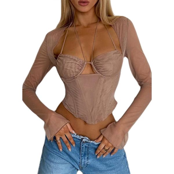 Naisten seksikäs pitkähihainen verkkokangas Sheer Crop Top Cutout Halter Bustier -pusero