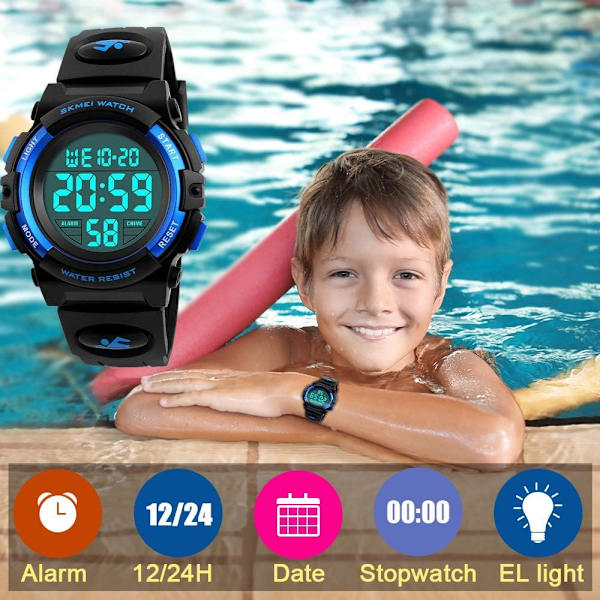 LED vattentät digital watch för barn - presenter och leksaker (svart）