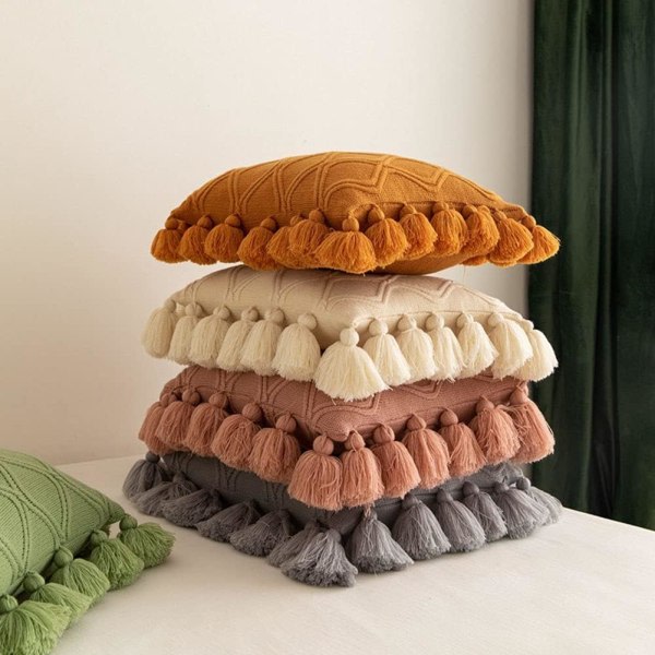 Diamantstickat cover med pompoms tofs Mjuk Varm dekorativ stickad case för bäddsoffa soffa (gurkmeja, 18"x18")