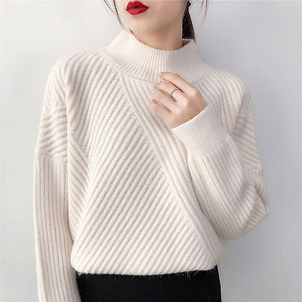 Dame piger Strikket trøje Halv turtleneck Løs skjorte med rund hals Beige 58*105*45cm