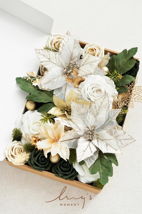 Chrismas kunstige blomster og grønt Combo Box Set, gull hvit