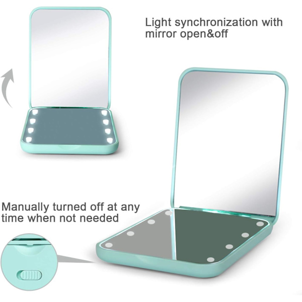 Rundt spejl, Cyan LED-belyst rejsesminkespejl, 1x/2x Magni