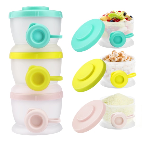 Baby Formula Dispenser, stapelbar mjölkpulverformelbehållare utan spill och snacksförvaring för resor, BPA-fri, 3 fack, ljus färg