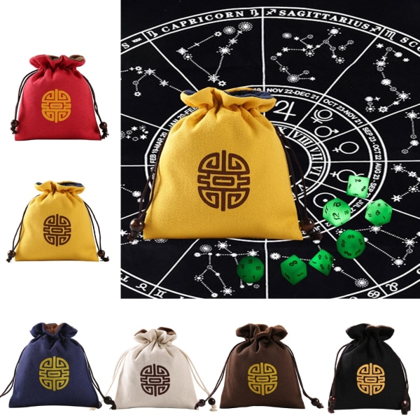Minismycken Tärningar Kortväska Utskrift Dragsko Påse Rune Divinations Tarotväska Bomullstyg Spelkort Förvarad väska Yellow