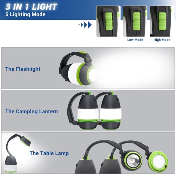 Quad 3-i-1 LED Campinglys & Håndholdt Lommelykt & 5-Modus Skrivebordslampe