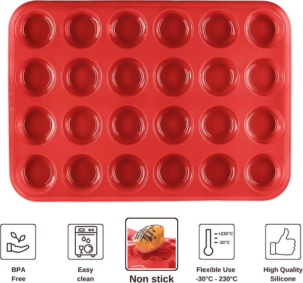 2 stk. - Rød muffinform til 24 mini muffins i silikone med non-stick belægning, cupcakes