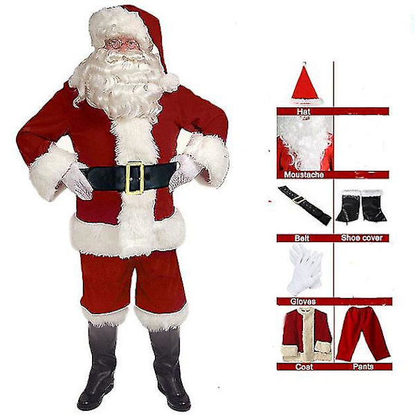 Kassiska Vuxen Xmas Fane Cospay käder, Santa Caus kostym 7-deat set l