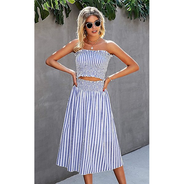 Blommig blus för kvinnor, Maxikjol kostymklänning Blue Striped Medium