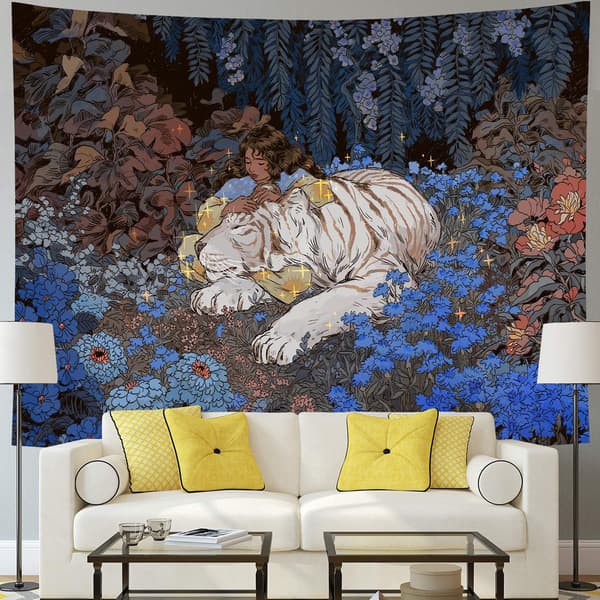200x150cm Hvit Tiger Bohemsk Mandala Veggteppe for