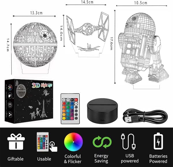 3D LED Star Wars Natlampe, 3D Illusion Lampe Tre Mønstre