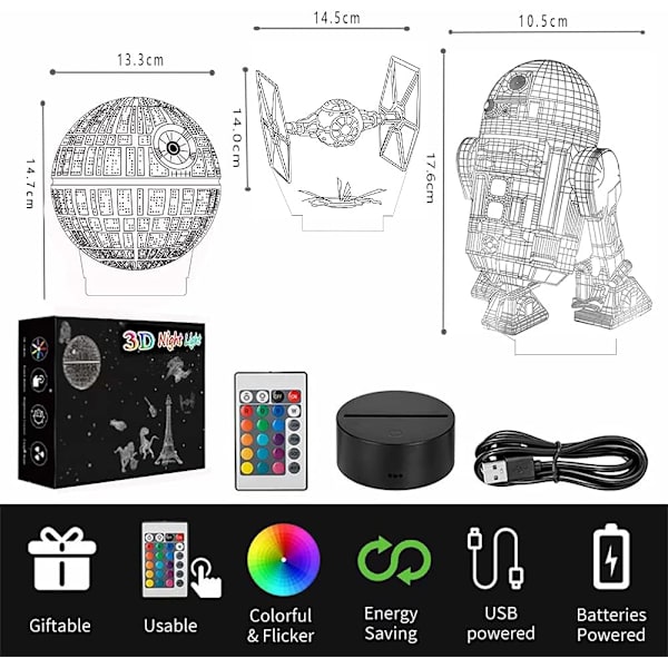 3D LED Star Wars Night Light, 3D Illusion Lamp Tre Mönster