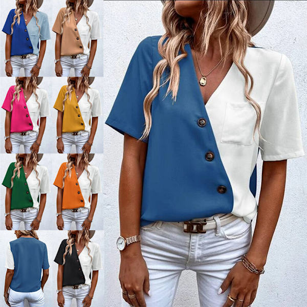 Kvinner Button Down Chiffon Skjorter Lommer Sommer Topper Blue L