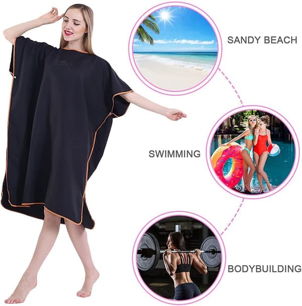 Byteskåp Huva Ponchohandduk Snabbtork Lätt byteshandduk Extra lång i mikrofiber Surf Poncho Universal (svart)