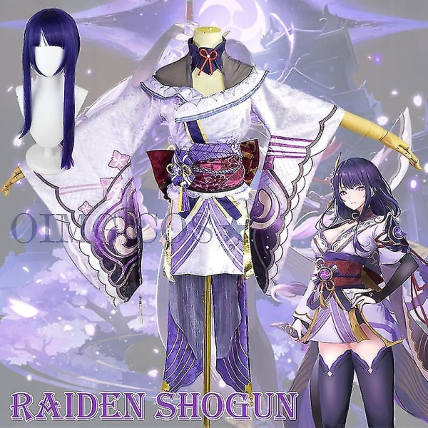 Genshin Impact Raiden Shogun Cosplay kostym Jacquard Tyg Uniform Peruk Anime kinesisk stil Hallowe