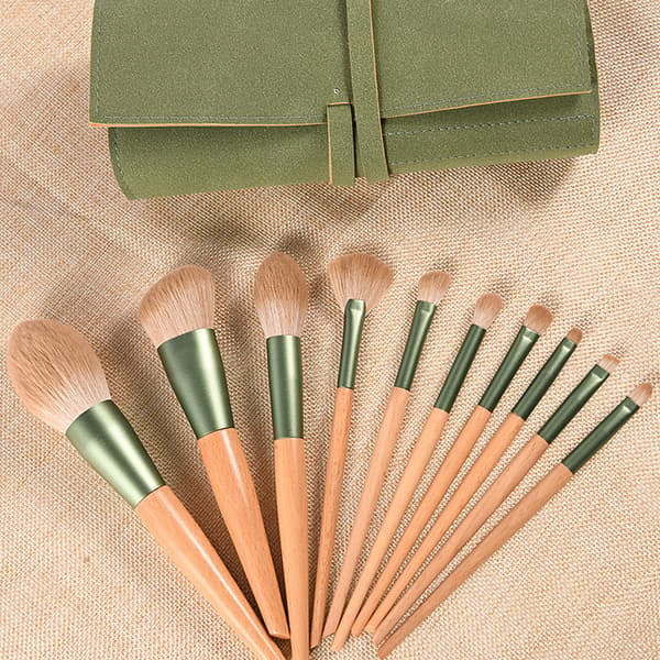 10 st Makeup Brush Set Foundation Blusher Sminkborstar green bag