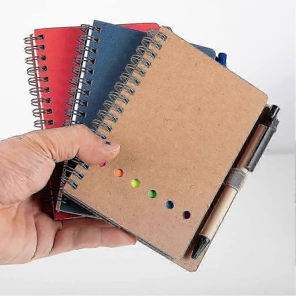 3 pakker spiralnotesblokke, steno-blokke med linjeret notesblok med pen i holder, sticky notes, sidemarkørfarve