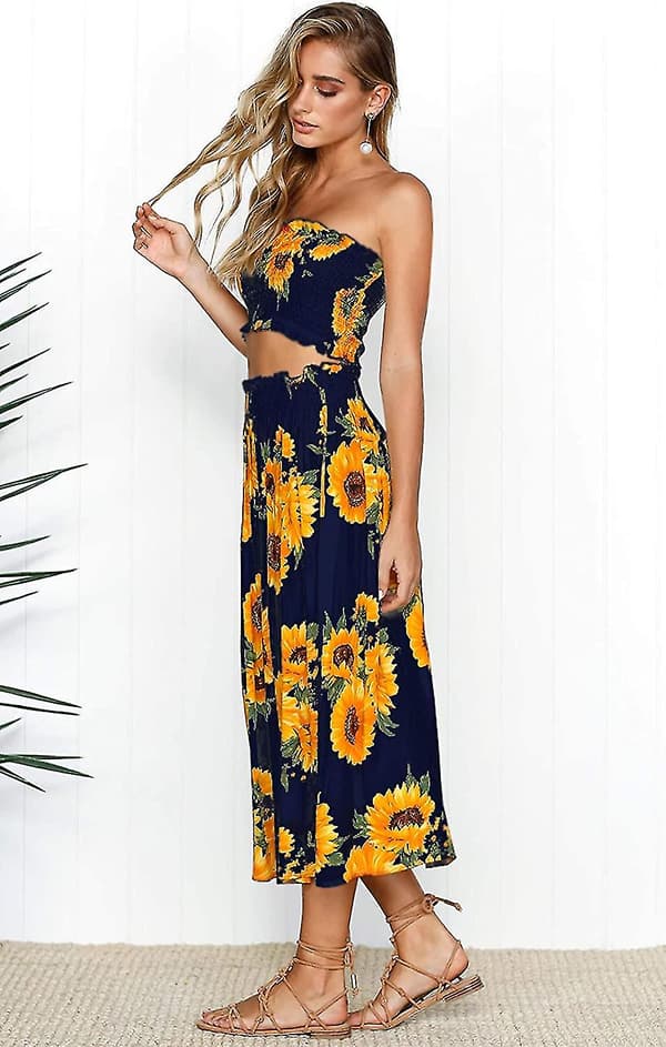 Blomstrete bluse for kvinner, Maxiskjørt kostymekjole Navy Blue Small