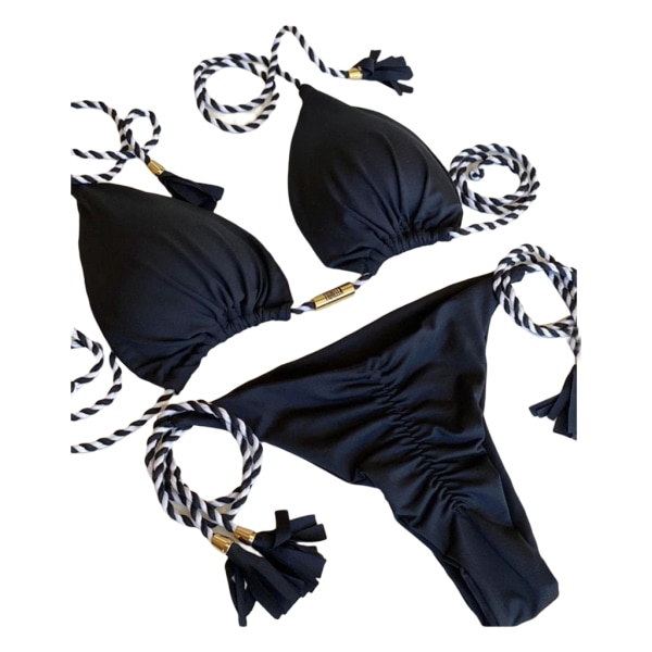 Tvådelad set för kvinna med strängad baddräkt Triangel-BH Topp med bikinibotten Sexig triangel-Bikini baddräkt Black L