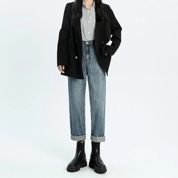FINORD Korkea vyötärö Rento Beige Baggy Farkut Naiset Korealaiset syysfarkut Treetwear Harajuku Vintage Talvi Suorat farkut SkyBlue S