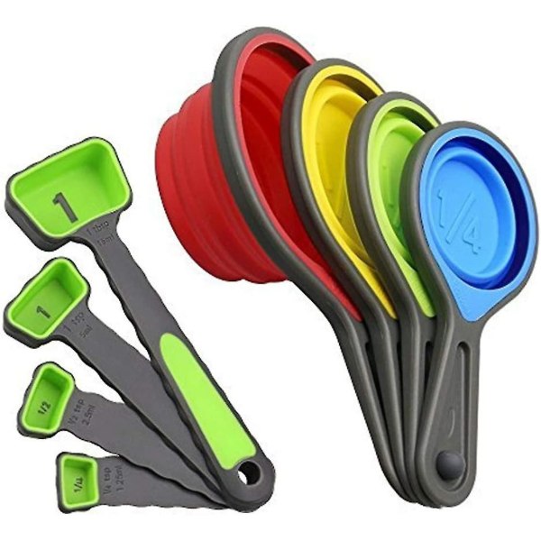 Hopfällbara silikonmätkoppar och -skedar - 8-pack (grön)