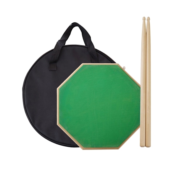 12-tuumainen harjoitustyyny rumpuille ja kapuloille Setti harjoitustyyny säilytyslaukulla Hiljainen rumpualusta Vaahterapuiset rumpukapulat Green Without stick bag