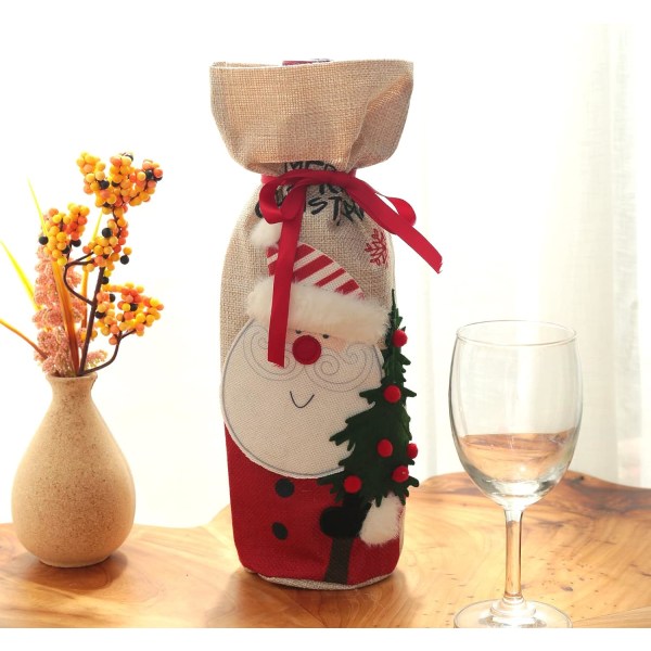 Julevinpose i jute, vinflaskegavepose med snor