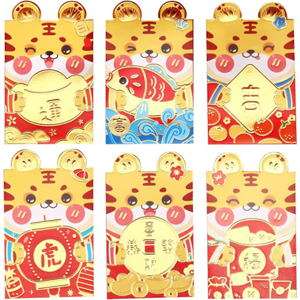 Kinesiska röda kuvert Hongbao 6 st Lucky Money Kuvert, Röd Pocket Tecknad Tiger Mönster Fickkuvert för nyår Bröllop A Large
