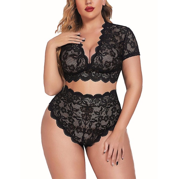 Plus Size Dam Spets Underkläder Set Top Trosor Underkläder Nattkläder Nattkläder Black 2XL