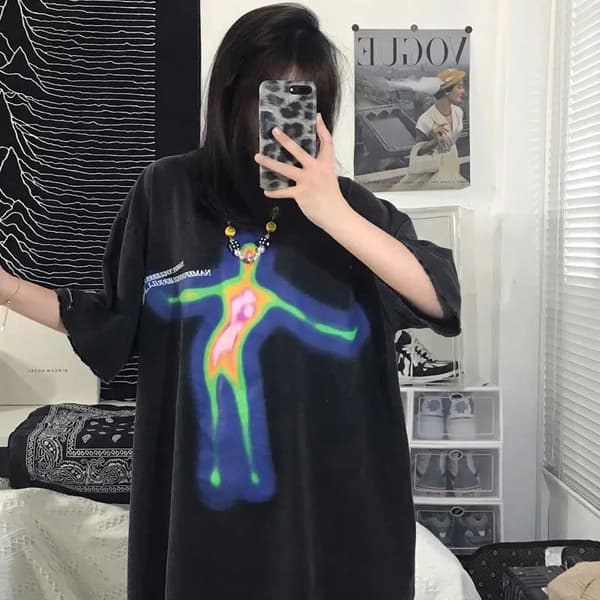 Herre Oversized T-shirt Distortion Portræt Print Rund Hals Bomuld