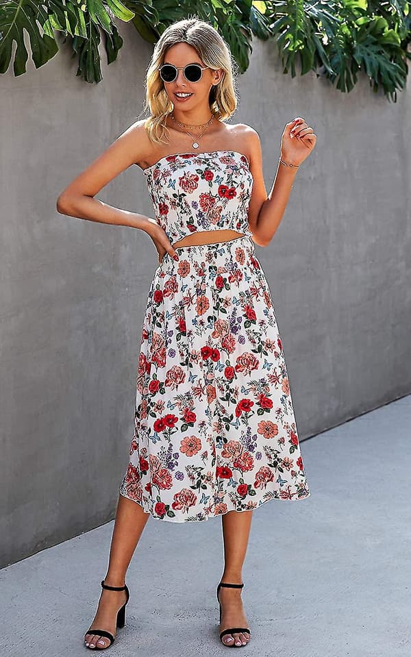 Blomstret bluse til kvinder, Maxinederdel kostumekjole Red Medium